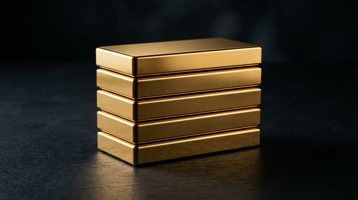 A stack of five plain unmarked gold bullion bars on a matte black surface