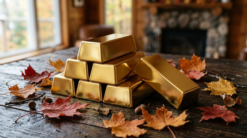 Plain gold bullion bars on a dark surface scattered with dried red and orange maple leaves