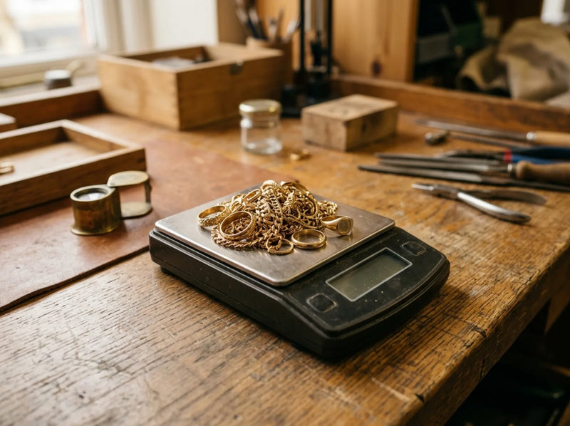 Solid gold chains and rings resting on the pan of a precision jeweller's scale