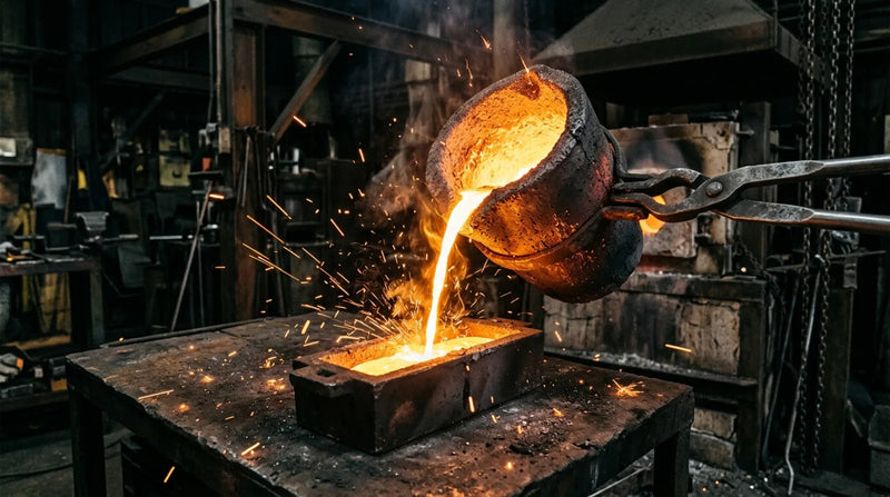 Molten gold pouring from a graphite crucible into an ingot mould at a refinery