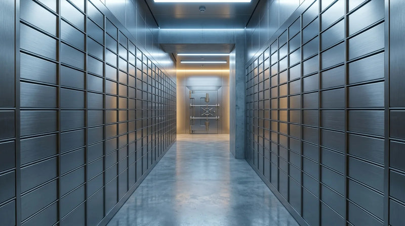 Rows of closed brushed steel safe deposit boxes inside a modern bank vault